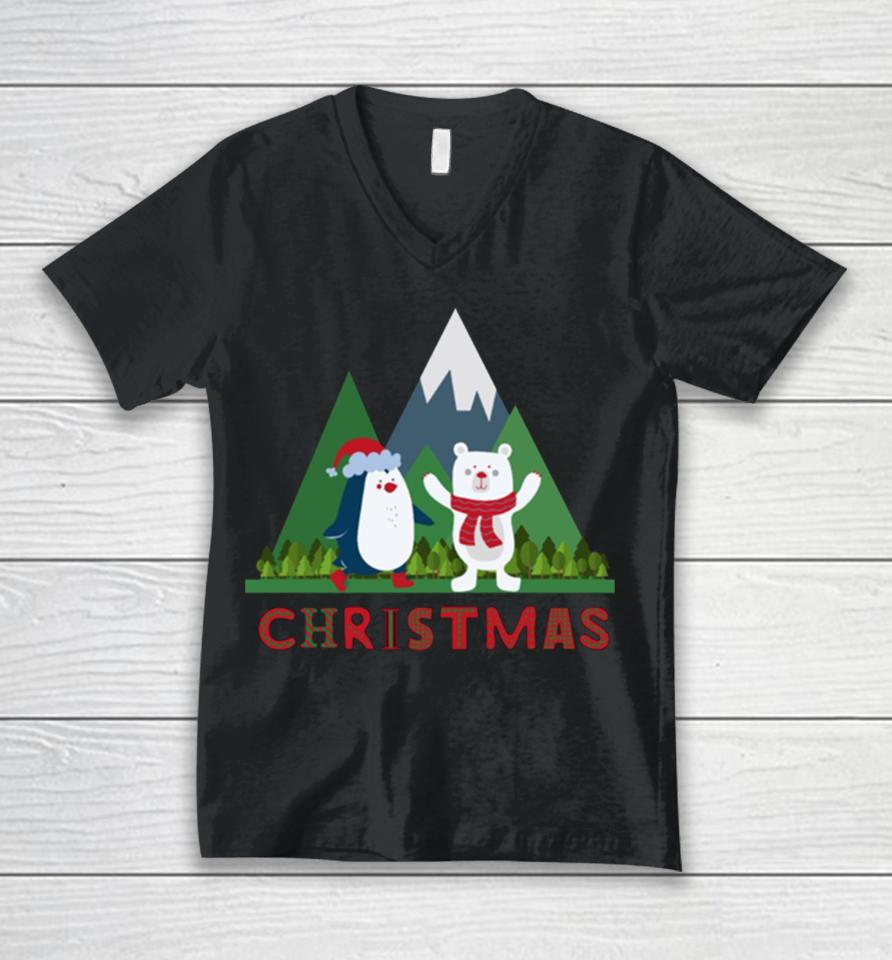 Christmas Cartoon Cute Bear With Pinguin Unisex V-Neck T-Shirt