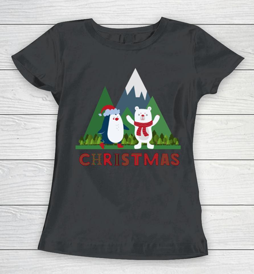 Christmas Cartoon Cute Bear With Pinguin Women T-Shirt