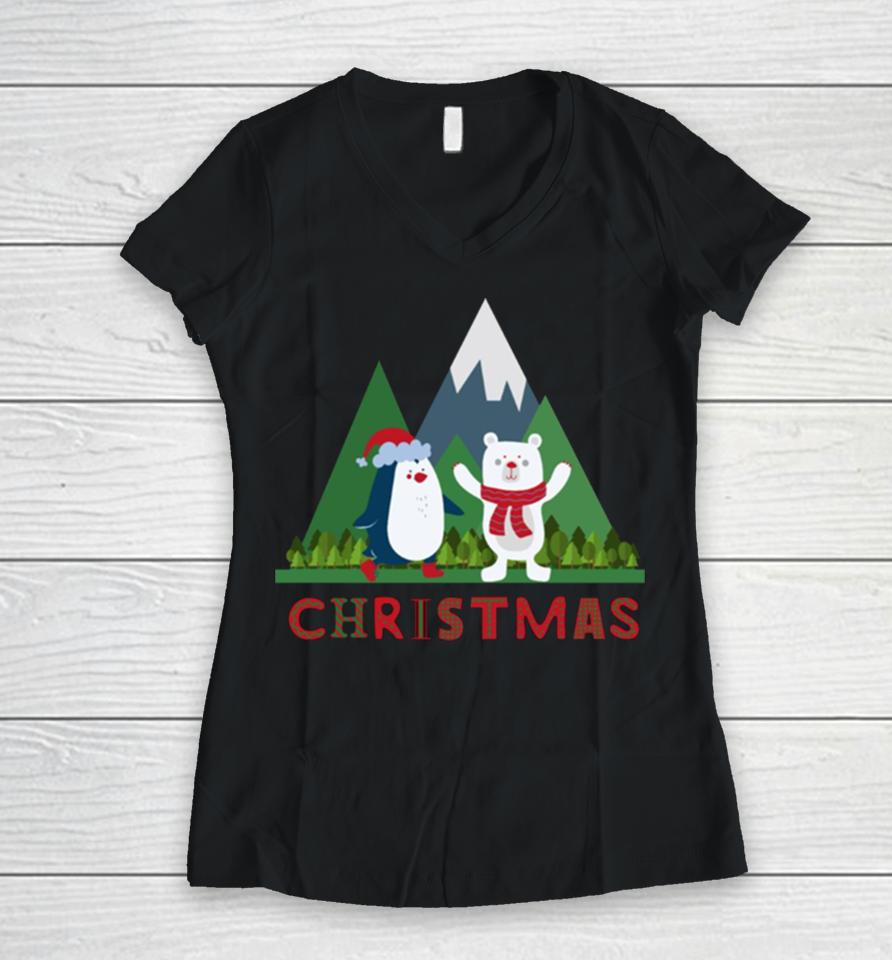 Christmas Cartoon Cute Bear With Pinguin Women V-Neck T-Shirt