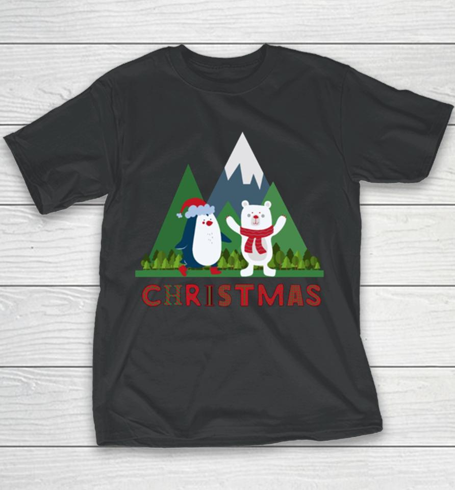 Christmas Cartoon Cute Bear With Pinguin Youth T-Shirt