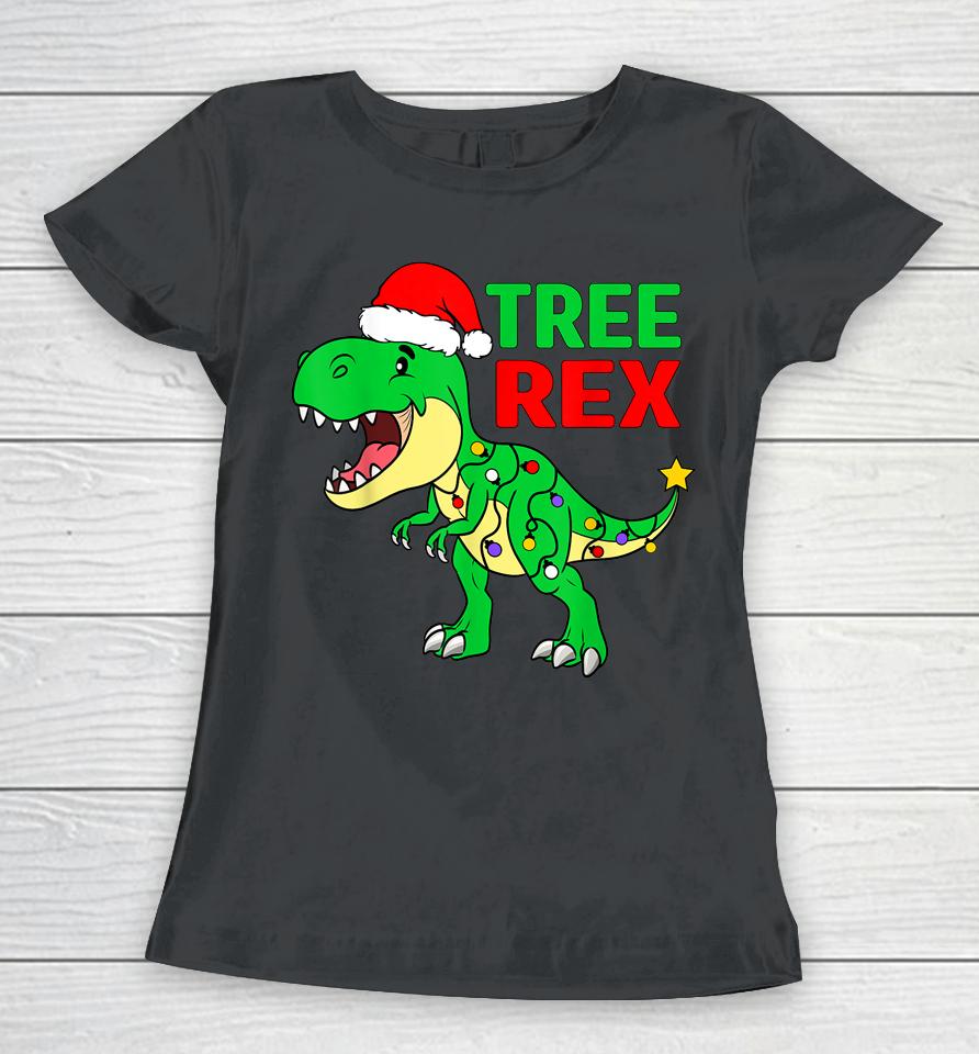 Christmas Dinosaur Kids Christmas Tree Lights Santa Women T-Shirt
