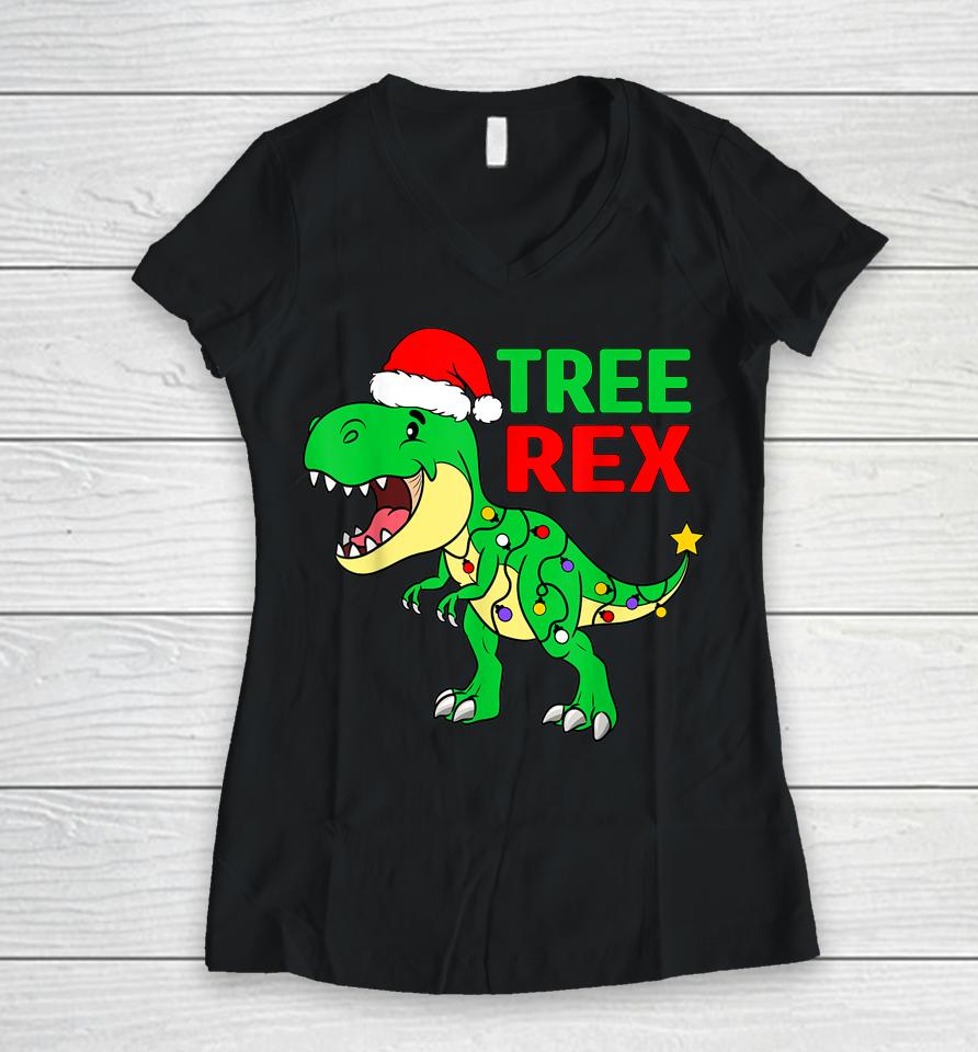 Christmas Dinosaur Kids Christmas Tree Lights Santa Women V-Neck T-Shirt