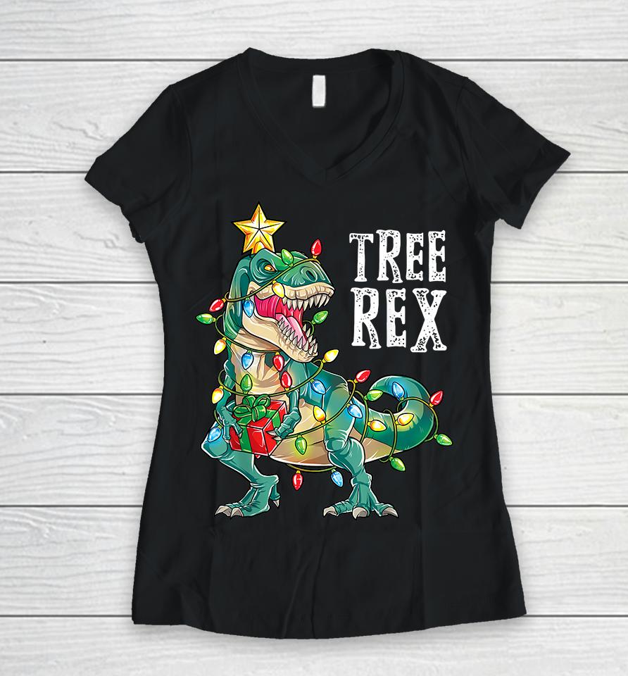 Christmas Dinosaur Tree Rex Women V-Neck T-Shirt