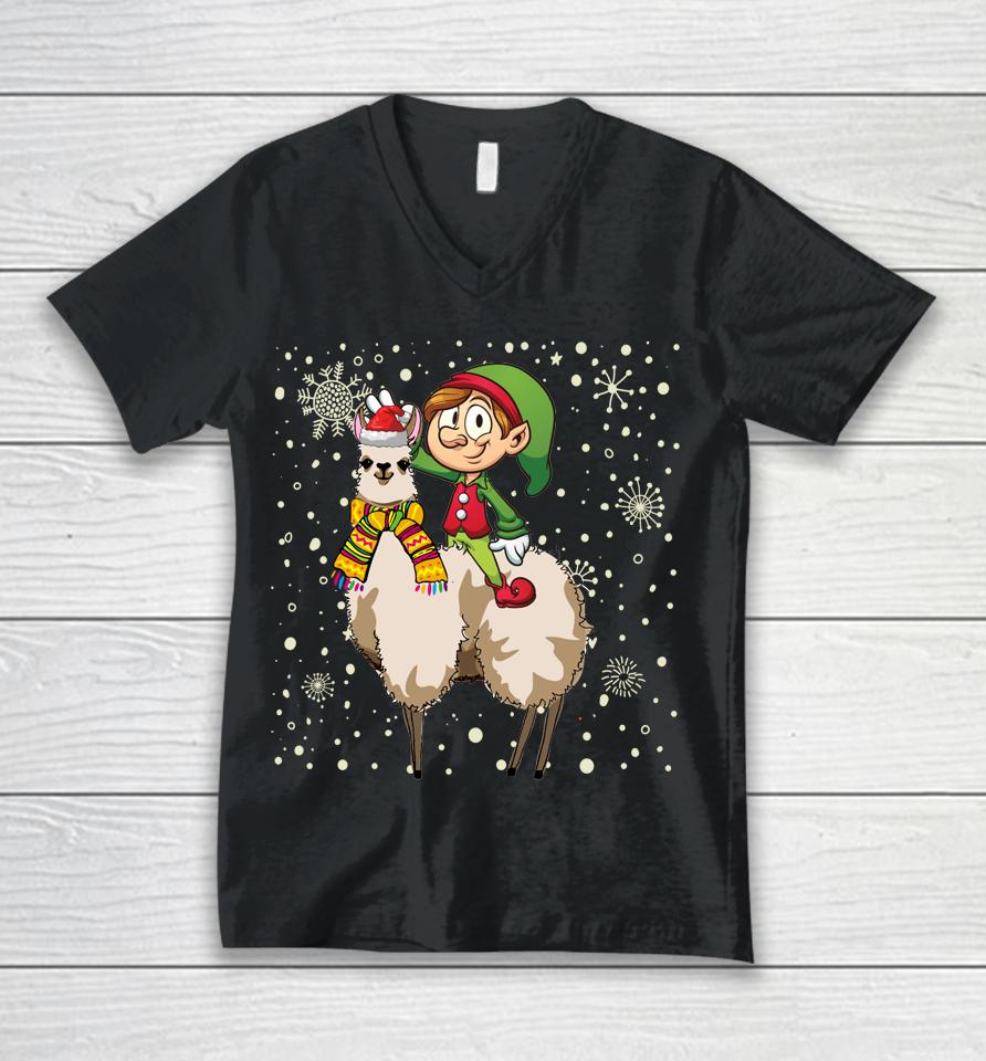 Christmas Elf Riding Llama Santa Pajama Gifts Unisex V-Neck T-Shirt