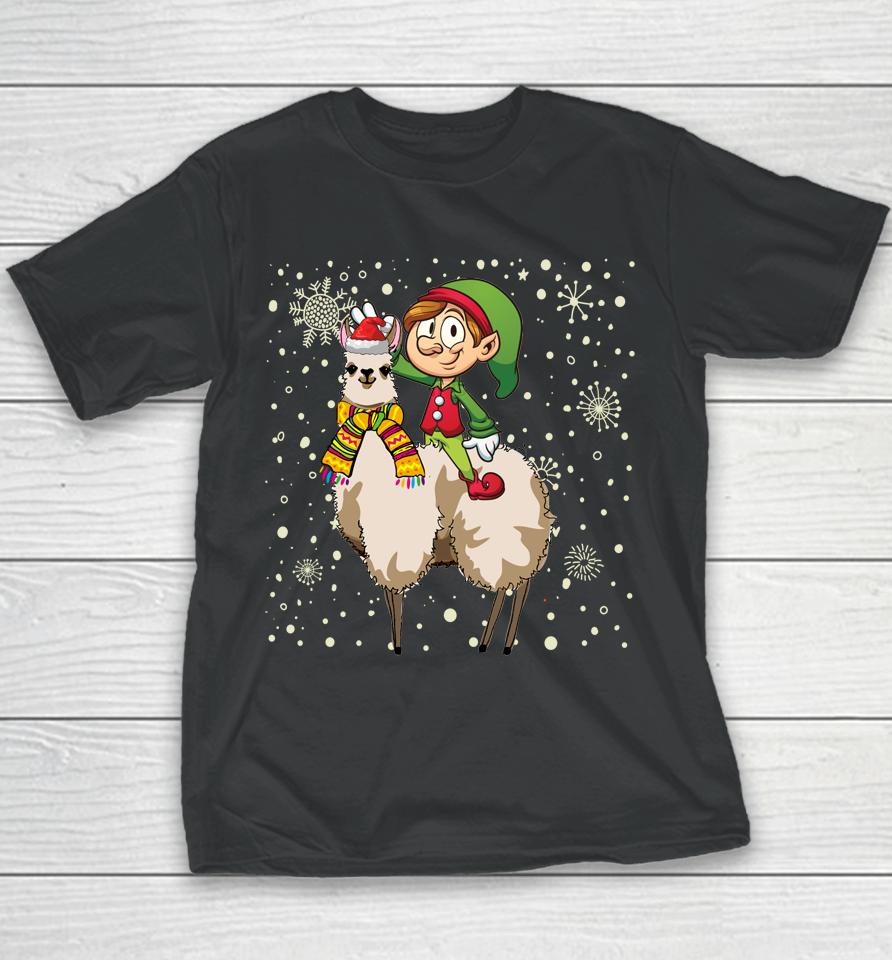 Christmas Elf Riding Llama Santa Pajama Gifts Youth T-Shirt