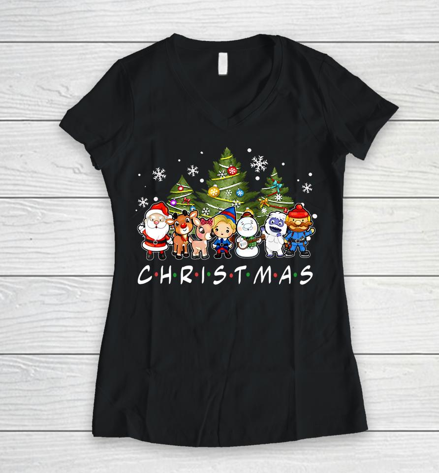 Christmas Family Friends Santa Rudolph Snowman Pajamas Xmas Women V-Neck T-Shirt