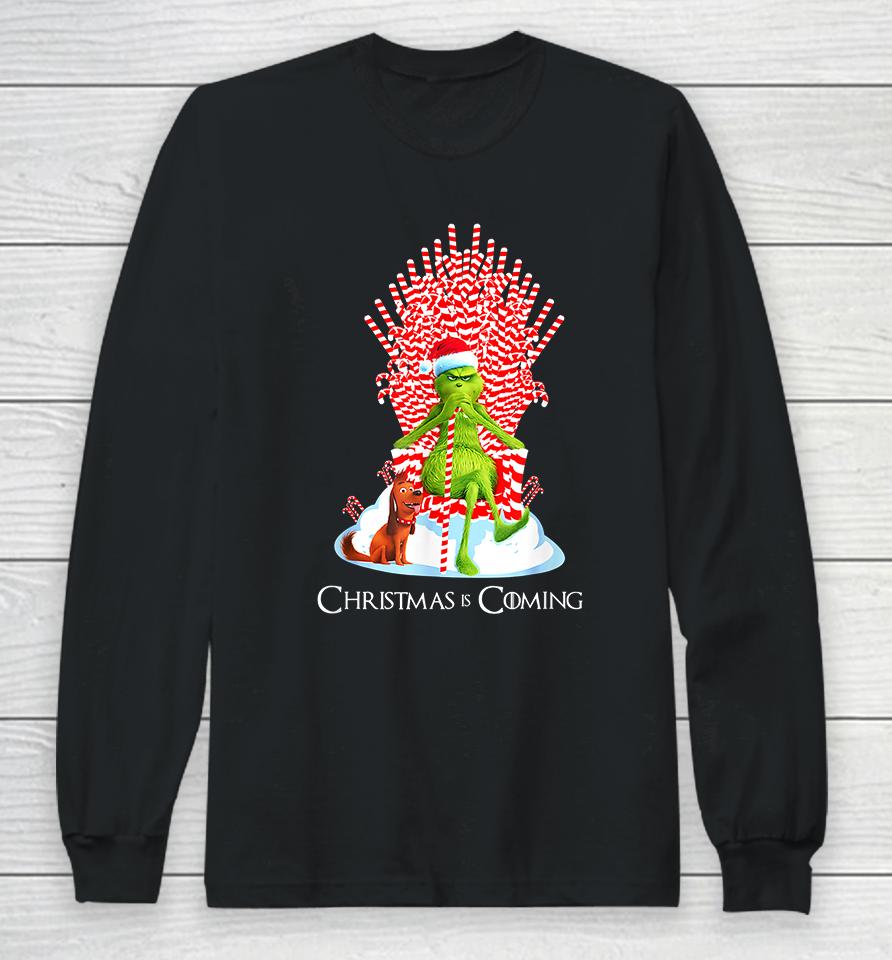 Christmas Grinch Is Coming Candy Cane Throne Funny Parody Long Sleeve T-Shirt