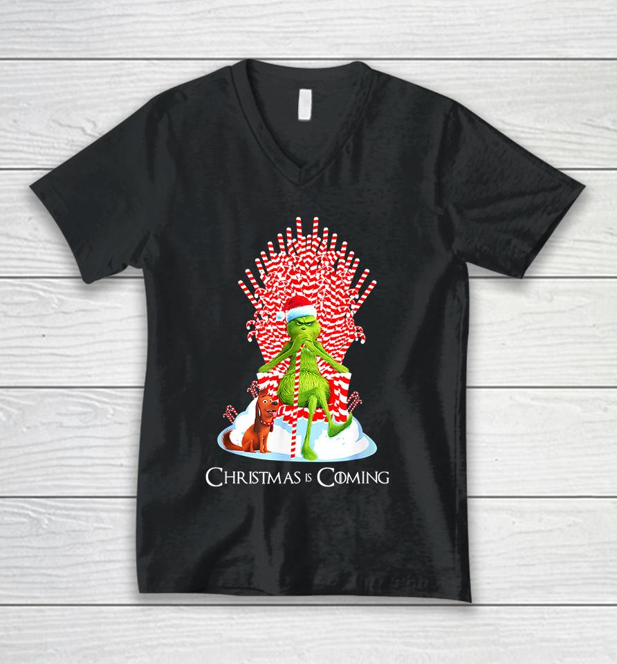 Christmas Grinch Is Coming Candy Cane Throne Funny Parody Unisex V-Neck T-Shirt