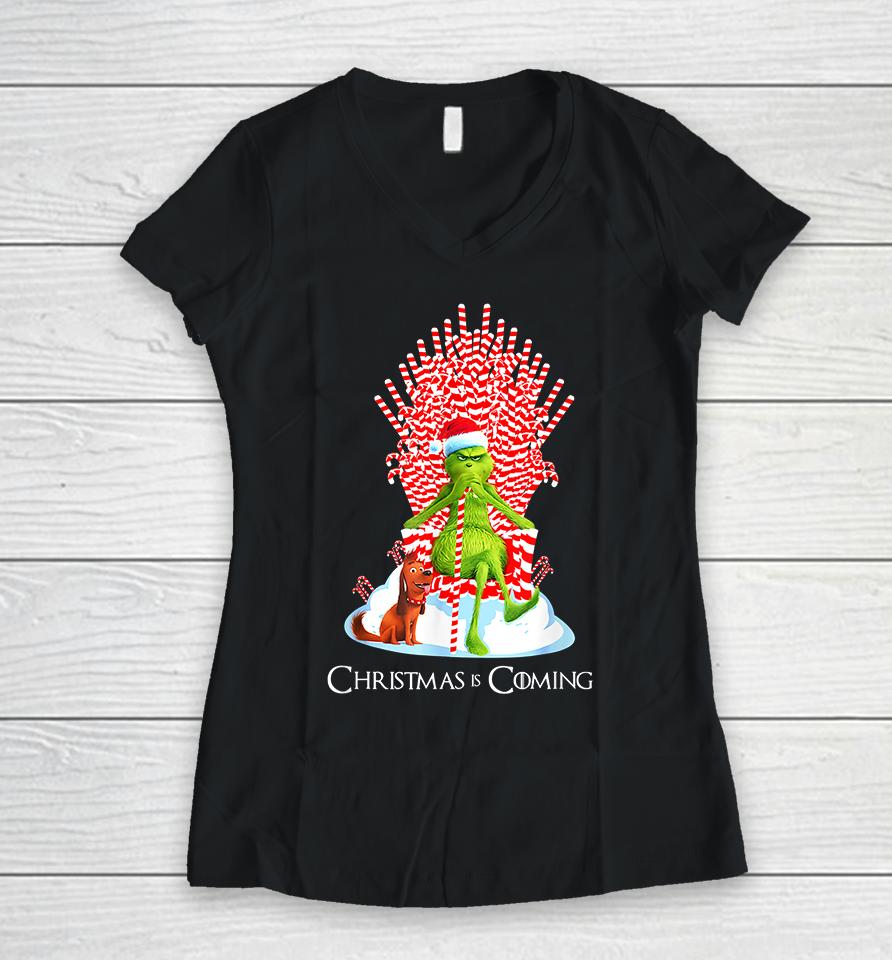 Christmas Grinch Is Coming Candy Cane Throne Funny Parody Women V-Neck T-Shirt