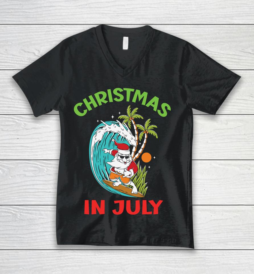 Christmas In Dress July Surfing Retired Santa's Hobby Unisex V-Neck T-Shirt