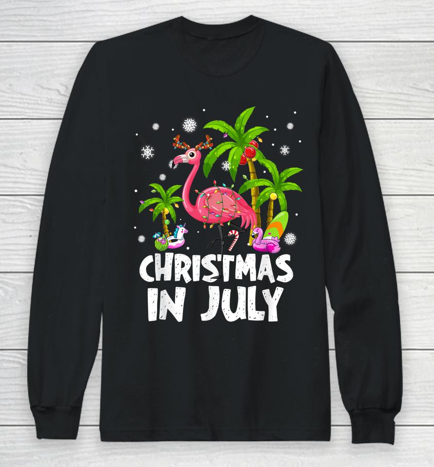 Christmas In July Flamingo Palm Tree Beach Summer Vacation Long Sleeve T-Shirt
