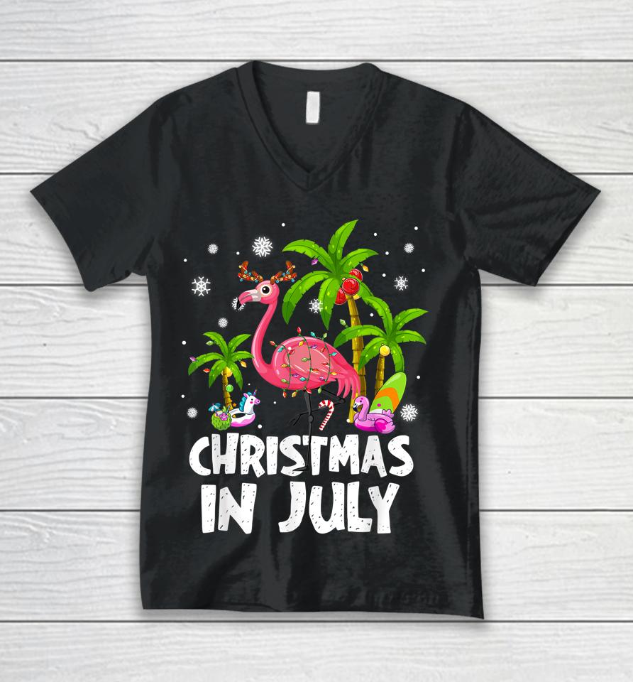 Christmas In July Flamingo Palm Tree Beach Summer Vacation Unisex V-Neck T-Shirt