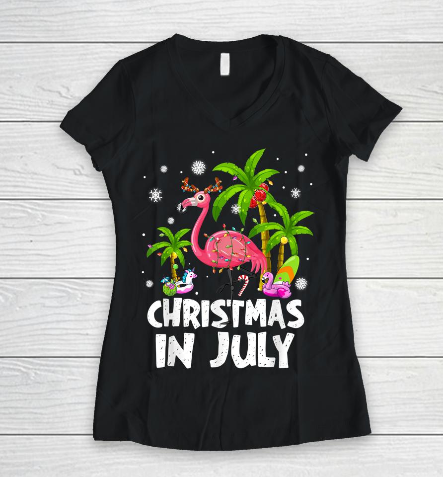 Christmas In July Flamingo Palm Tree Beach Summer Vacation Women V-Neck T-Shirt