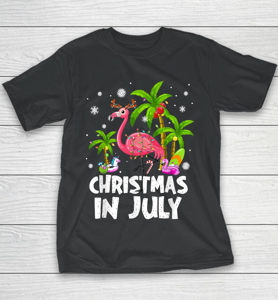 Christmas In July Flamingo Palm Tree Beach Summer Vacation Youth T-Shirt