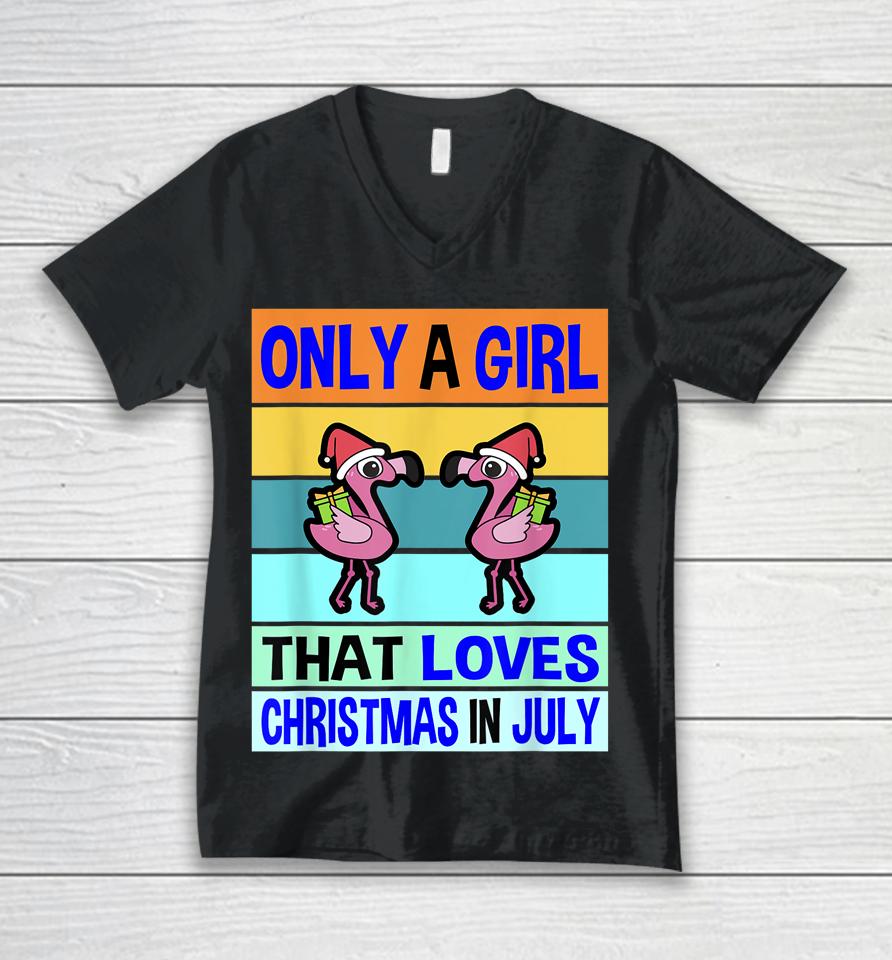 Christmas In July For Womens Christmas Kids Girls Flamingo Unisex V-Neck T-Shirt