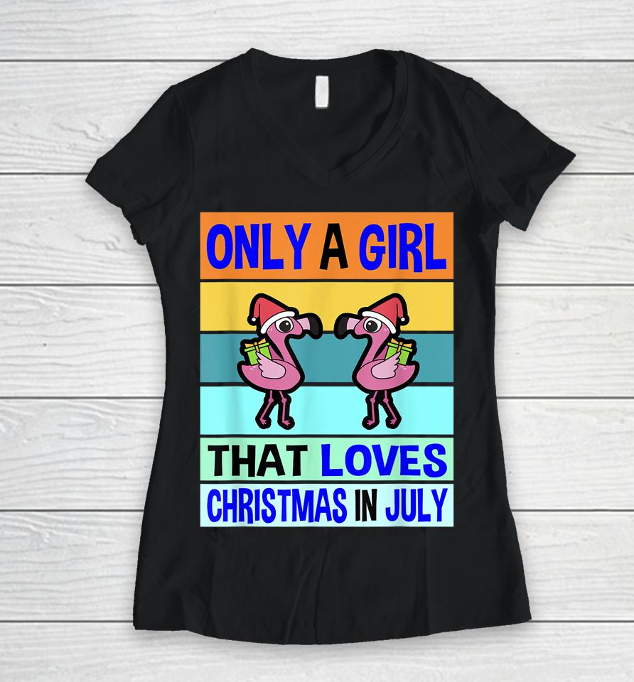 Christmas In July For Womens Christmas Kids Girls Flamingo Women V-Neck T-Shirt