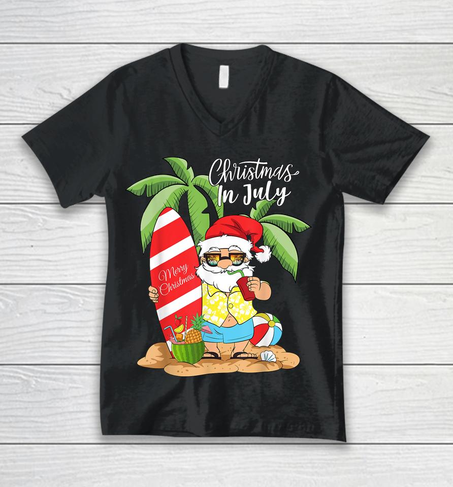 Christmas In July Funny Santa Summer Watermelon Vacation Unisex V-Neck T-Shirt