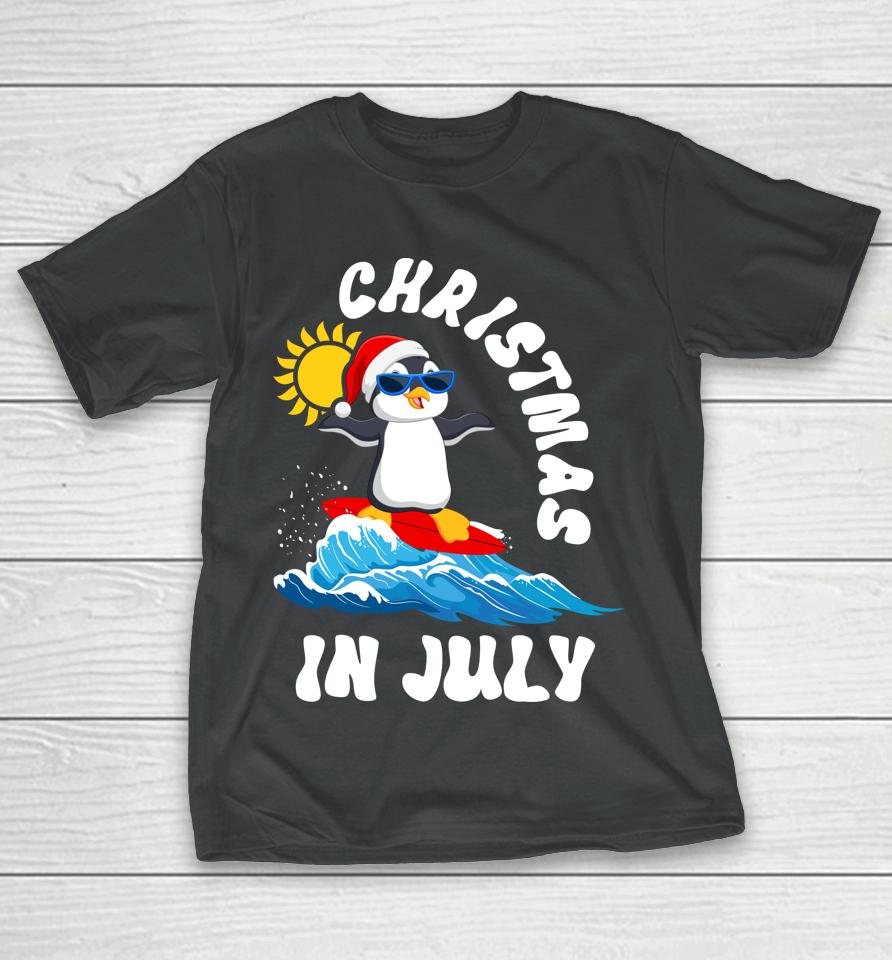 Christmas In July Penguin Sunglasses Beach Summer Surfing T-Shirt