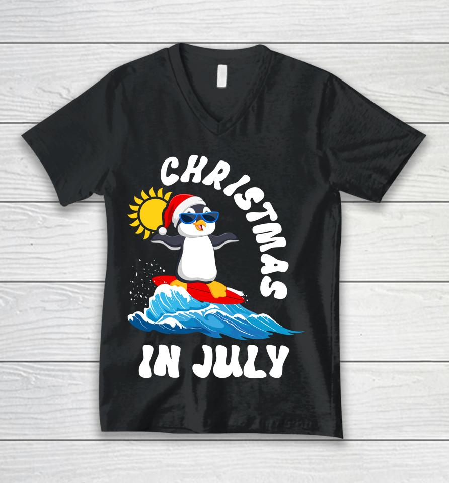 Christmas In July Penguin Sunglasses Beach Summer Surfing Unisex V-Neck T-Shirt