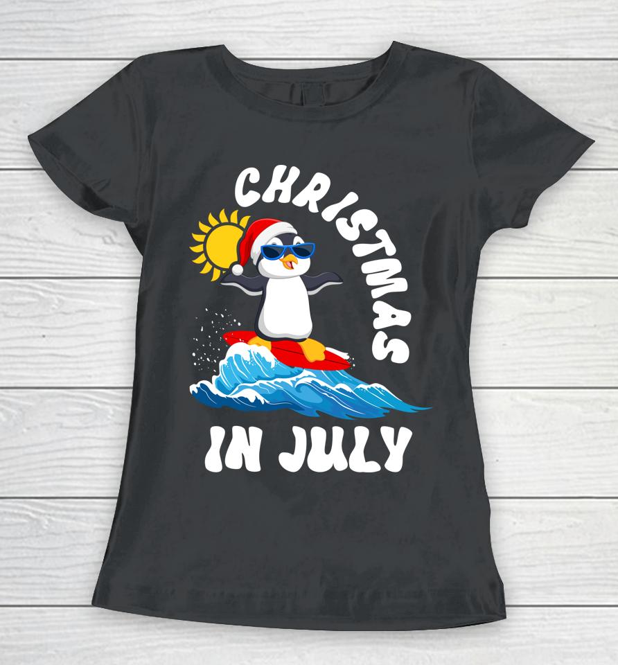 Christmas In July Penguin Sunglasses Beach Summer Surfing Women T-Shirt
