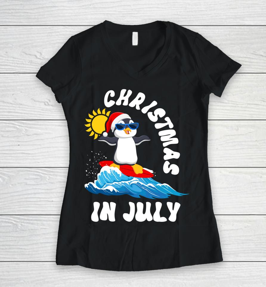 Christmas In July Penguin Sunglasses Beach Summer Surfing Women V-Neck T-Shirt