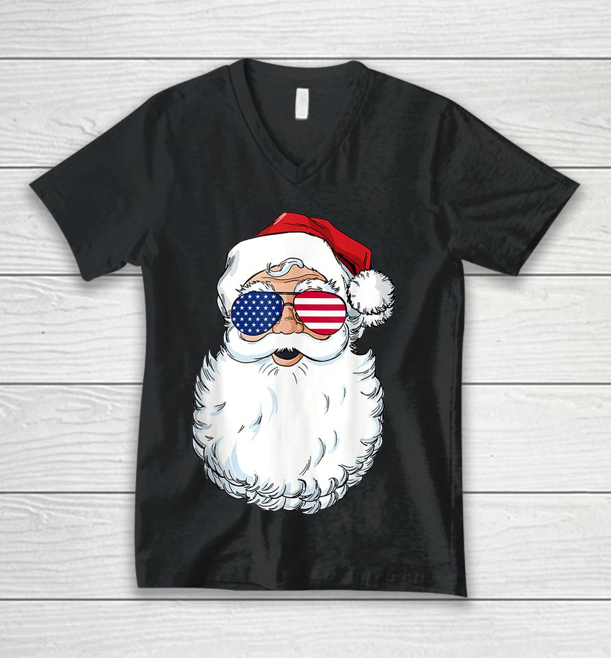 Christmas In July Santa Claus Patriotic Usa Sunglasses Unisex V-Neck T-Shirt