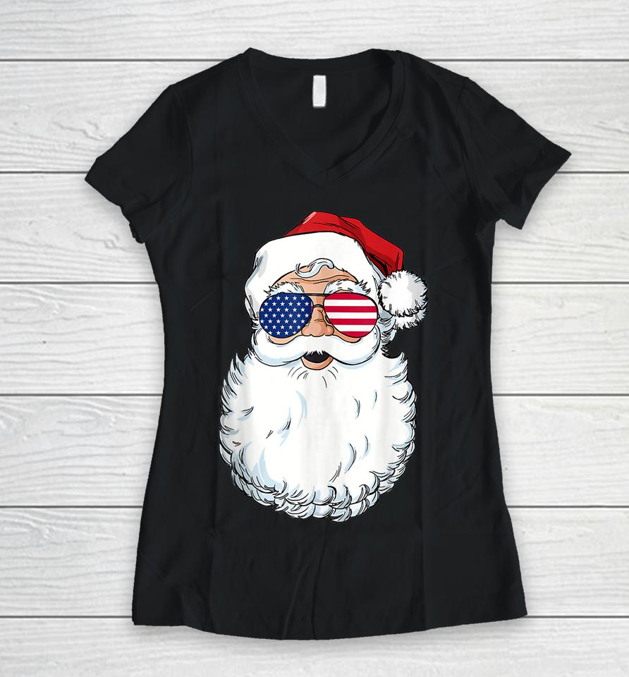 Christmas In July Santa Claus Patriotic Usa Sunglasses Women V-Neck T-Shirt