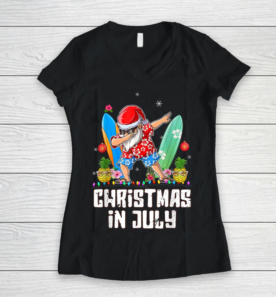 Christmas In July Santa Dabbing Hat Sunglasses Beach Summer Women V-Neck T-Shirt