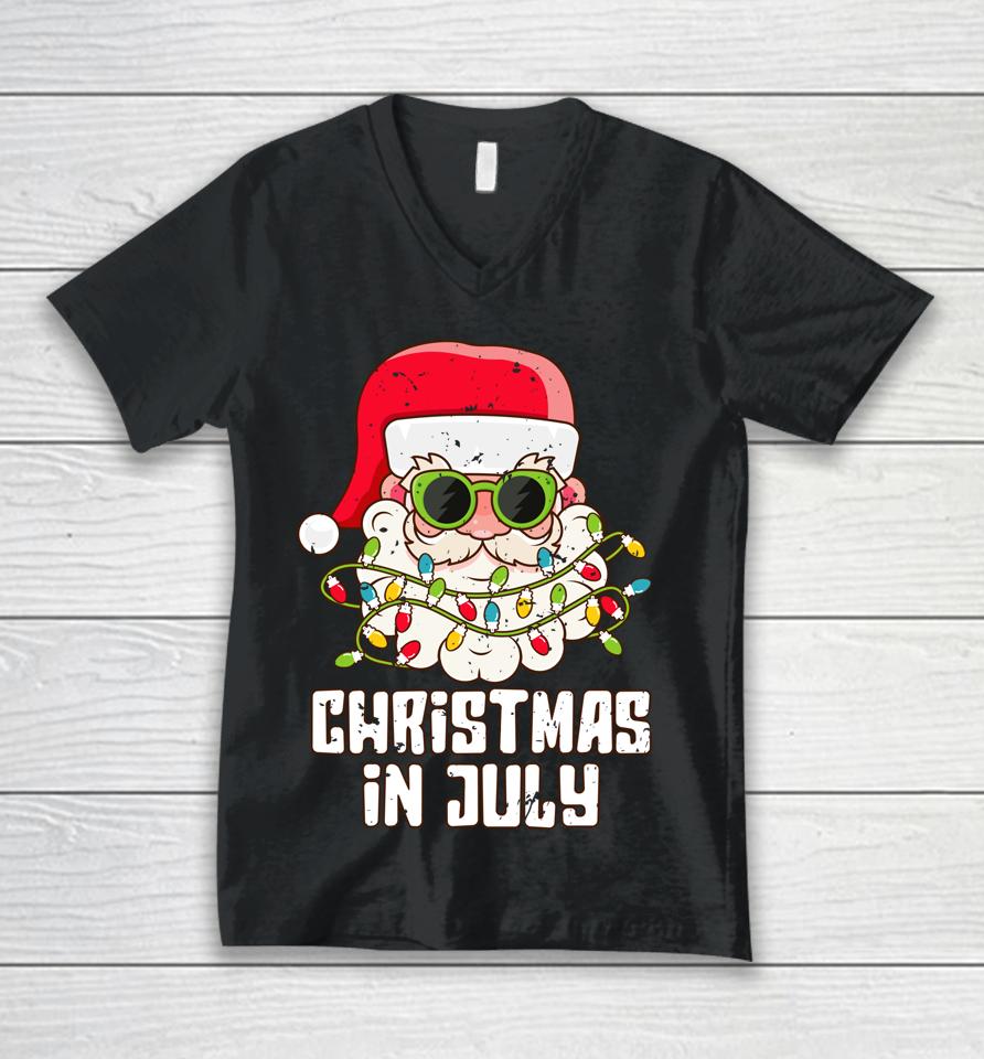 Christmas In July Santa Hat Sunglasses Beach Summer Unisex V-Neck T-Shirt