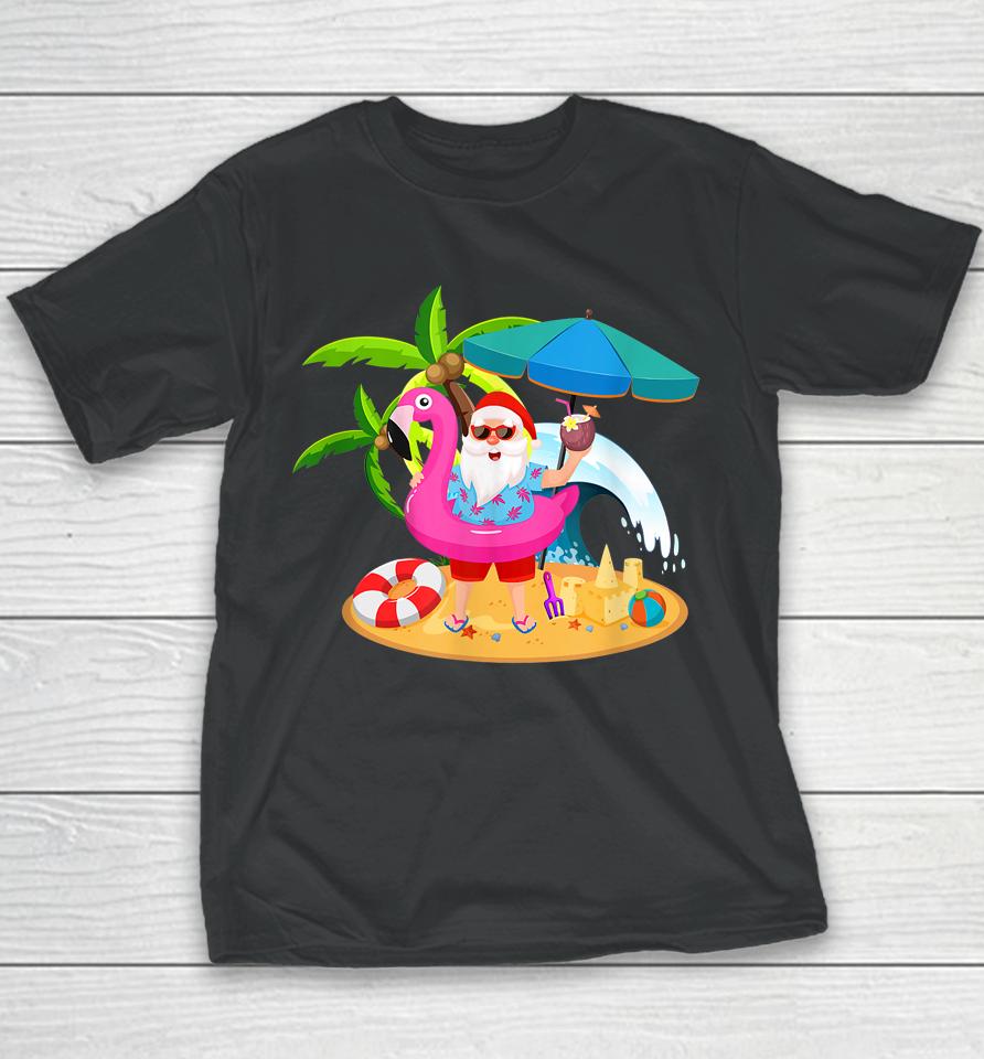 Christmas In July Santa Hawaii Sunglasses Flamingo Funny Tee Youth T-Shirt