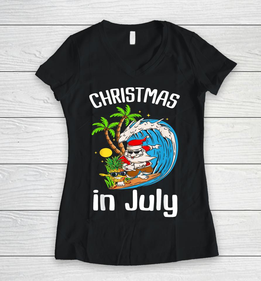 Christmas In July Santa Hawaiian Summer Surf Surfing Surfer Women V-Neck T-Shirt