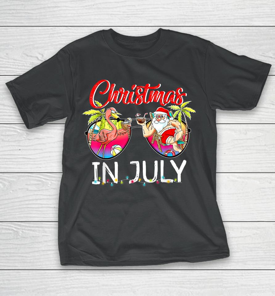 Christmas In July Santa Holiday Beach Flamingo Summer T-Shirt