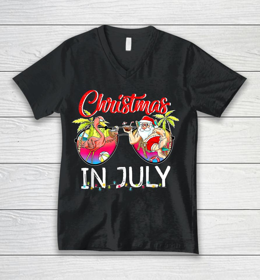 Christmas In July Santa Holiday Beach Flamingo Summer Unisex V-Neck T-Shirt