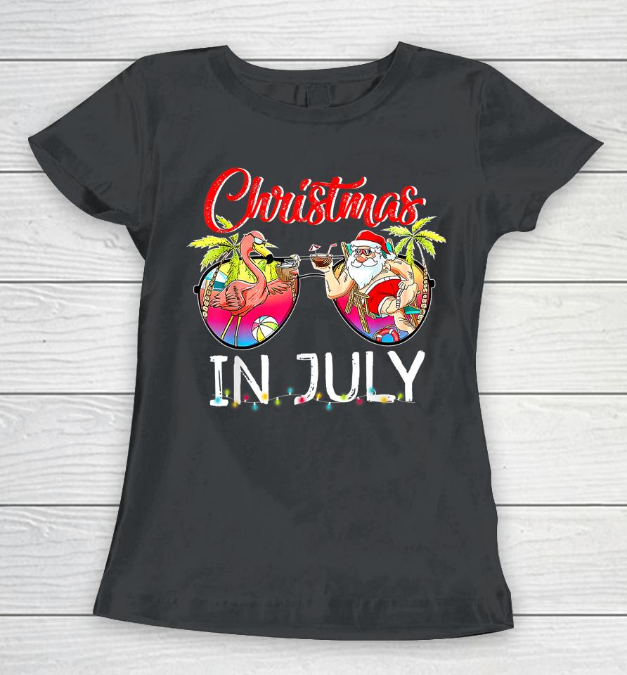 Christmas In July Santa Holiday Beach Flamingo Summer Women T-Shirt