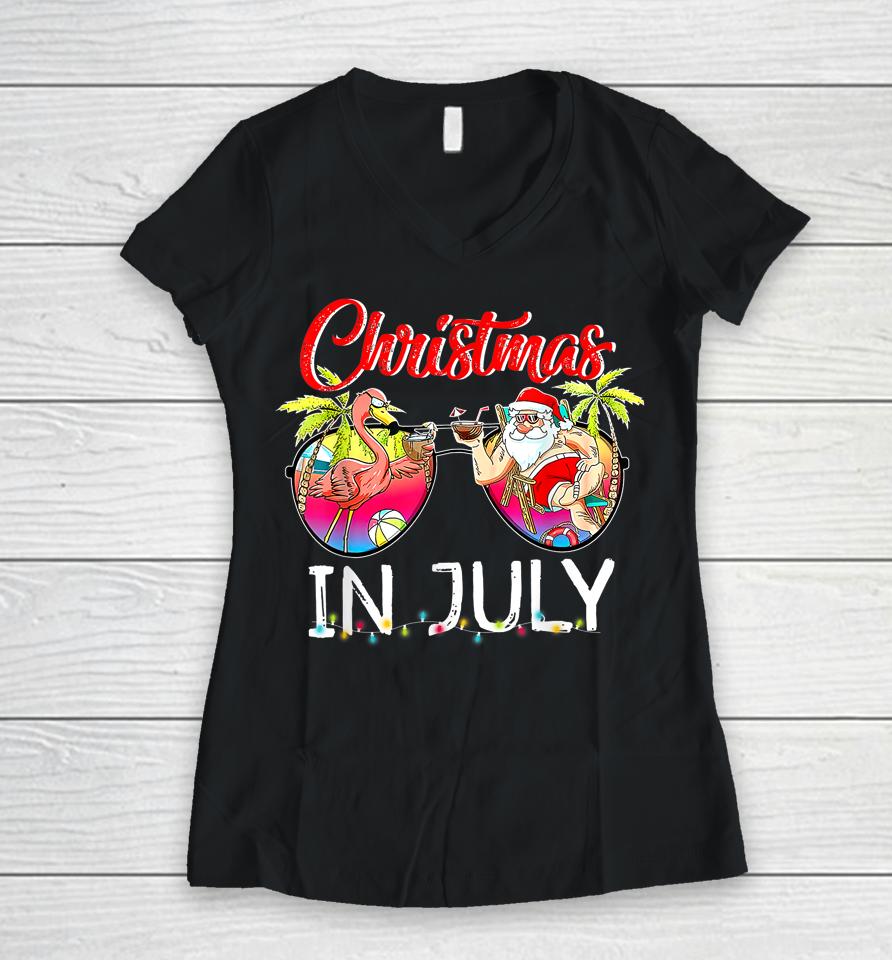 Christmas In July Santa Holiday Beach Flamingo Summer Women V-Neck T-Shirt
