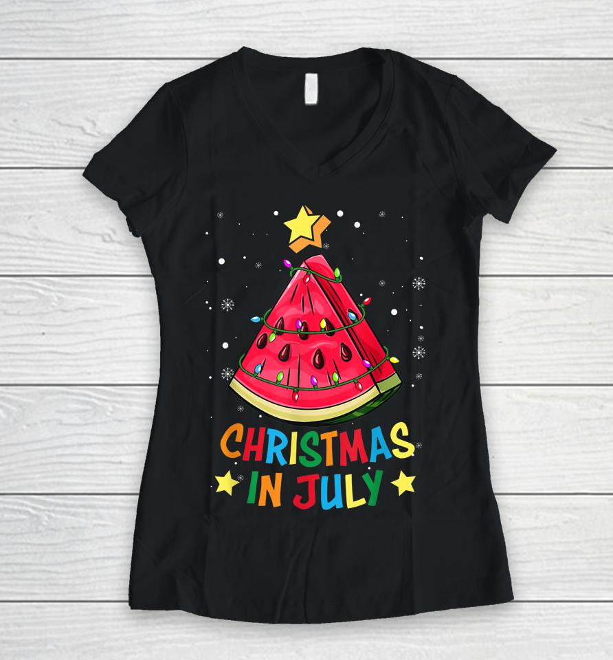 Christmas In July Watermelon Christmas Tree Summer Vacation Women V-Neck T-Shirt