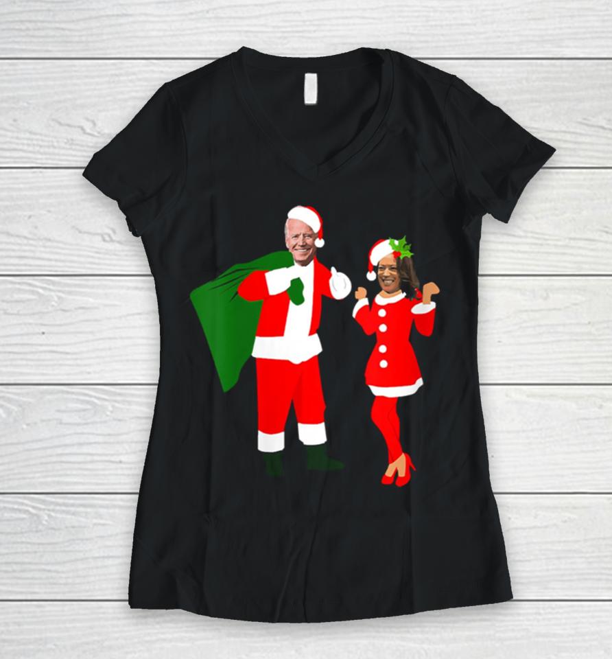 Christmas Joe Biden Santa Kamala Harris Mrs Claus Women V-Neck T-Shirt
