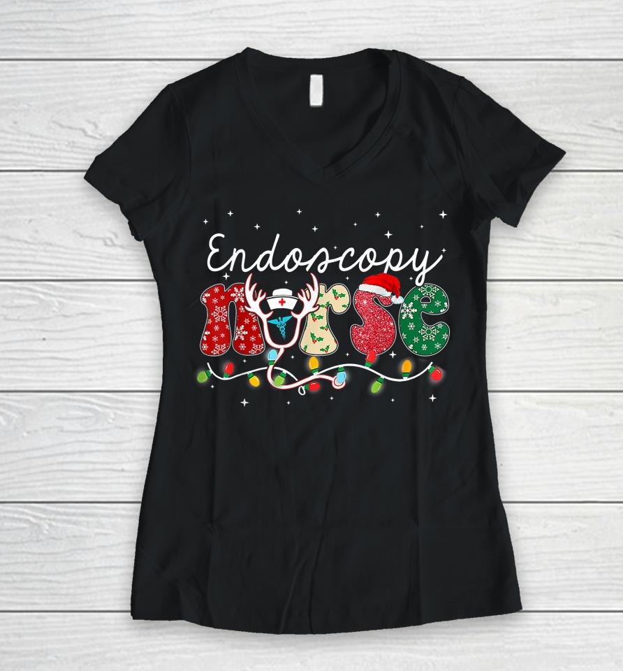 Christmas Nurse Nursing Endoscopy Nurse Christmas Pattern Women V-Neck T-Shirt