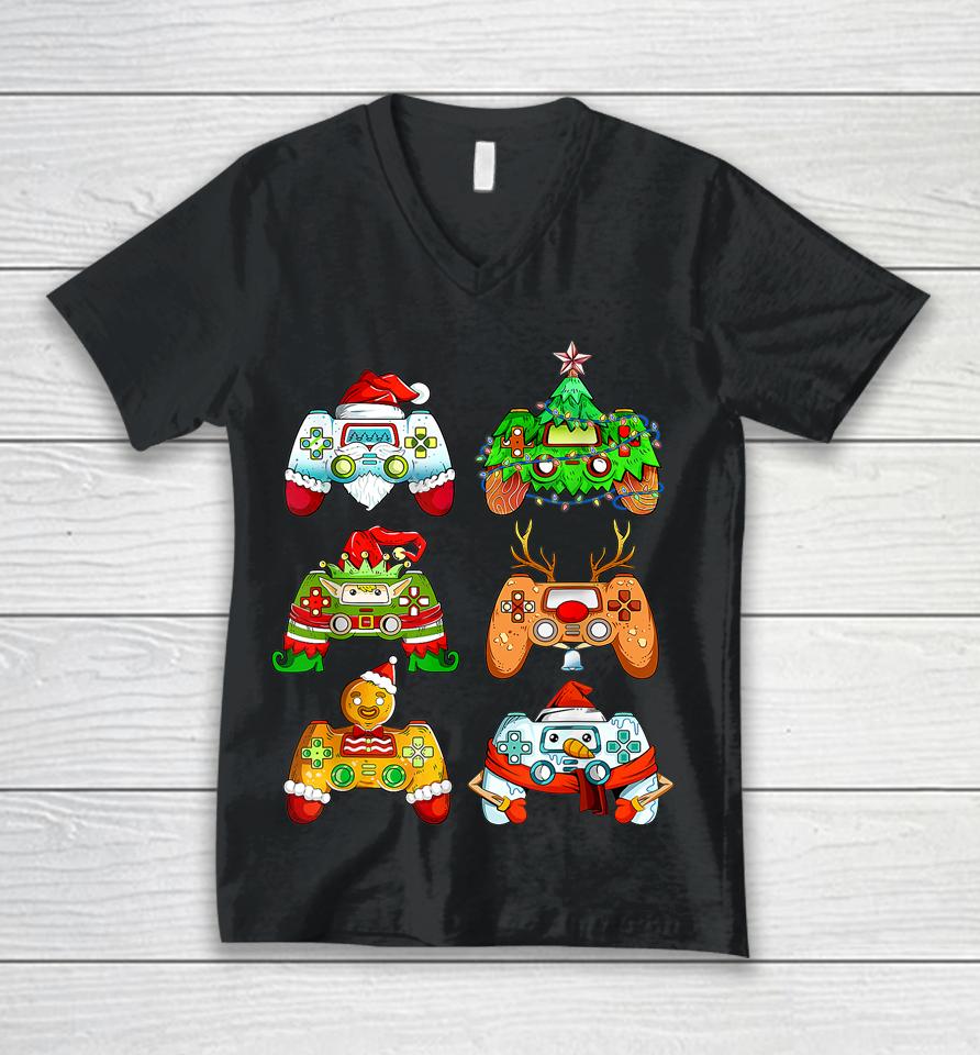 Christmas Santa Elf Gaming Controllers Snowman Unisex V-Neck T-Shirt