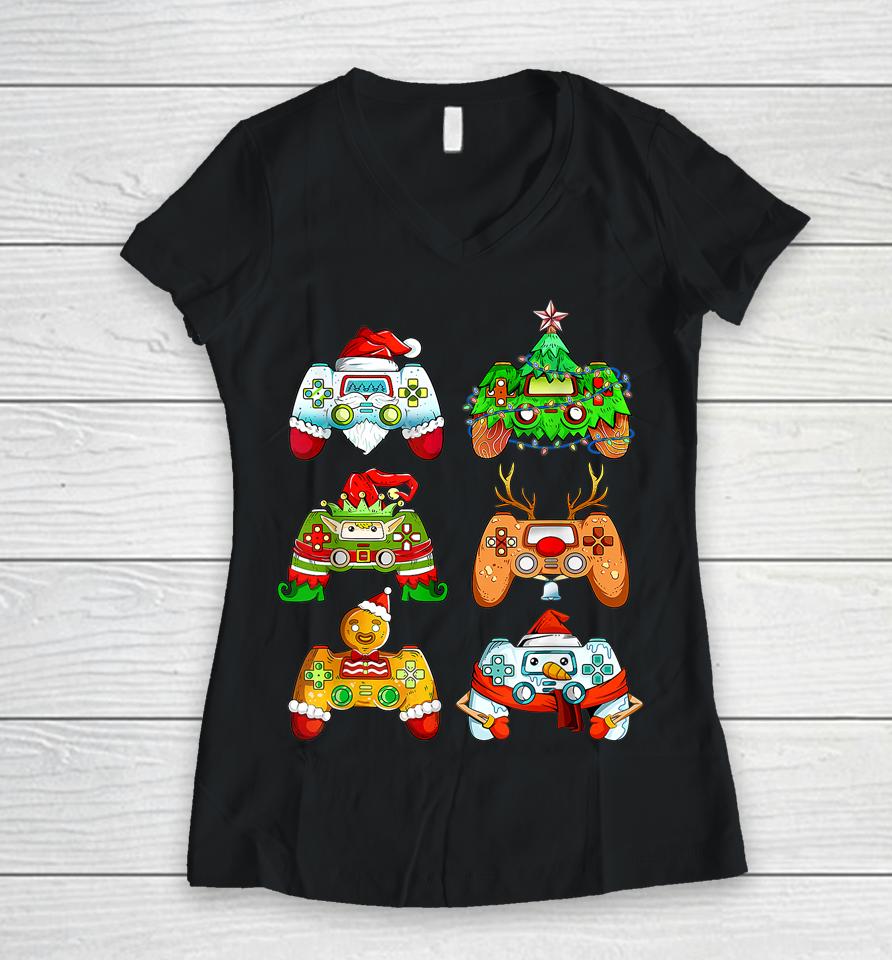 Christmas Santa Elf Gaming Controllers Snowman Women V-Neck T-Shirt