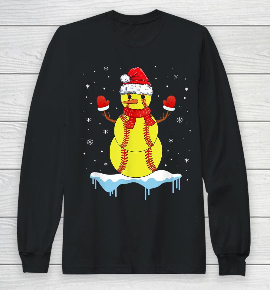 Christmas Softball Santa Snowman Long Sleeve T-Shirt