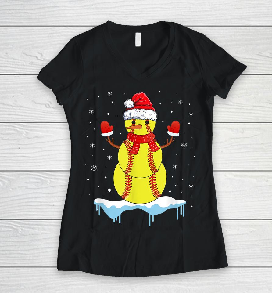 Christmas Softball Santa Snowman Women V-Neck T-Shirt