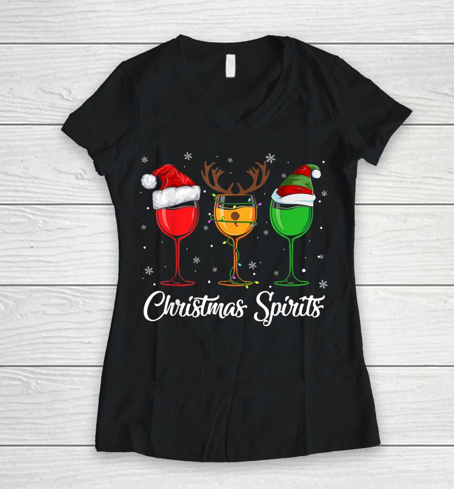 Christmas Spirits Glasses Of Wine Xmas Drinking Women V-Neck T-Shirt