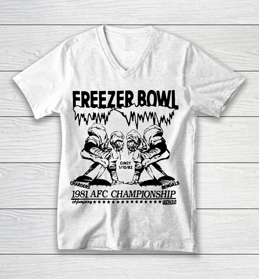 Cincinnati Bengals 1981 Freezer Bowl Homage Unisex V-Neck T-Shirt