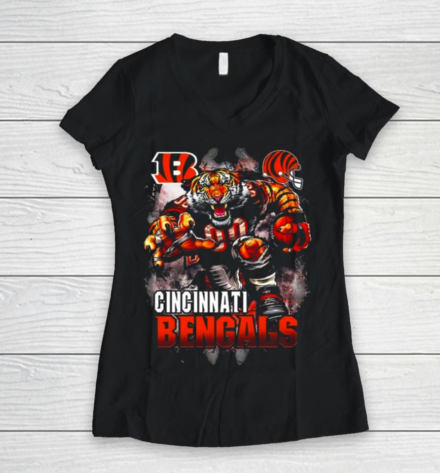 Cincinnati Bengals Football Mascot 2023 Vintage Women V-Neck T-Shirt