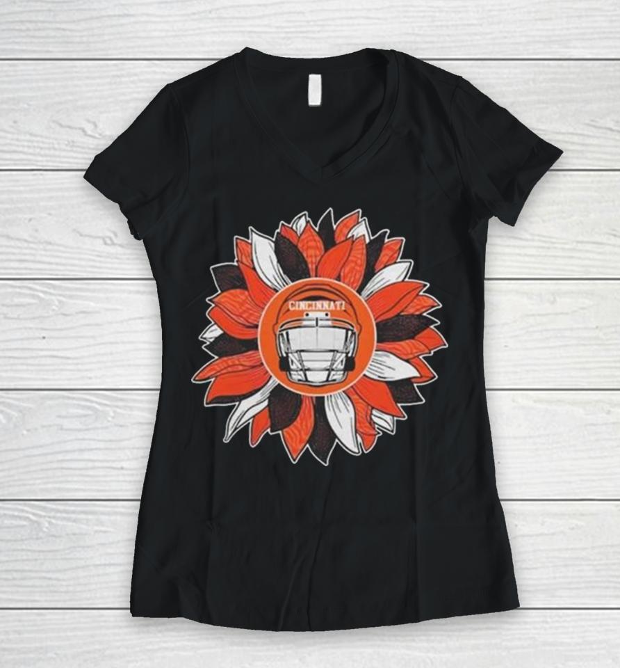 Cincinnati Bengals Football Sunflower Helmet Women V-Neck T-Shirt