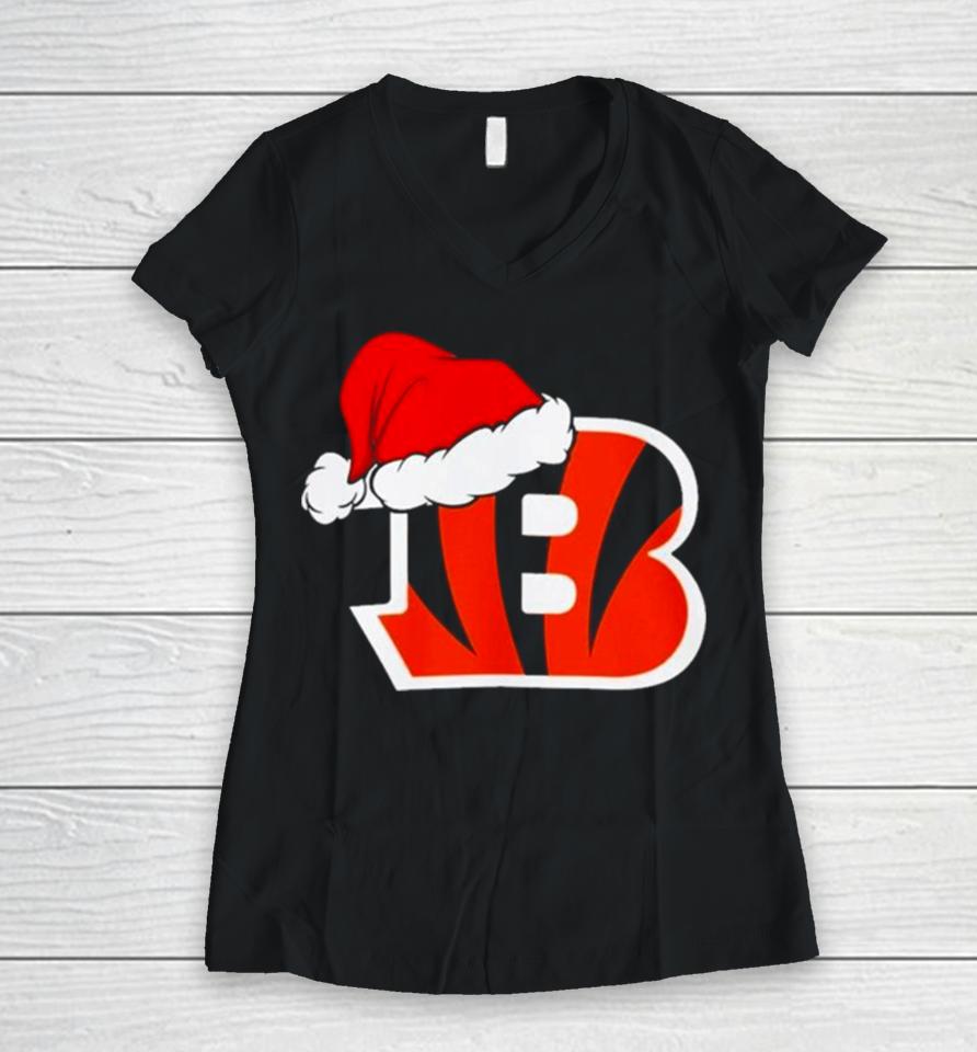 Cincinnati Bengals Logo Santa Hat Christmas 2023 Women V-Neck T-Shirt