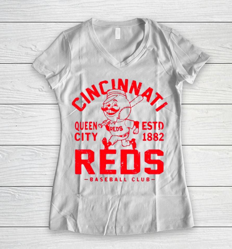 Cincinnati Reds Queen City Baseball Retro Women V-Neck T-Shirt