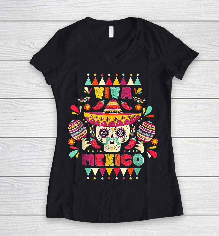 Cinco De Mayo Mexican Cross Sunglasses Skull Mustache Fiesta Women V-Neck T-Shirt