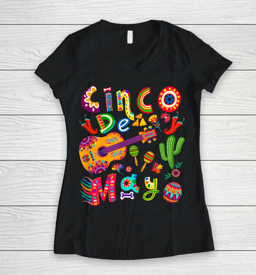 Cinco De Mayo Mexican Fiesta Cool Guitar Cactus Women V-Neck T-Shirt